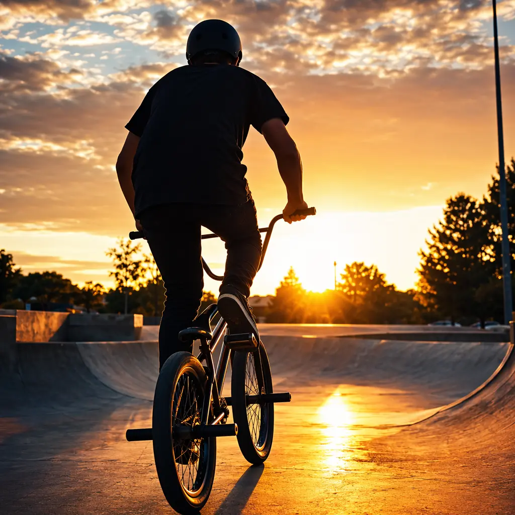 Silhouetted BMX rider in a sunlit skatepark at golden hour