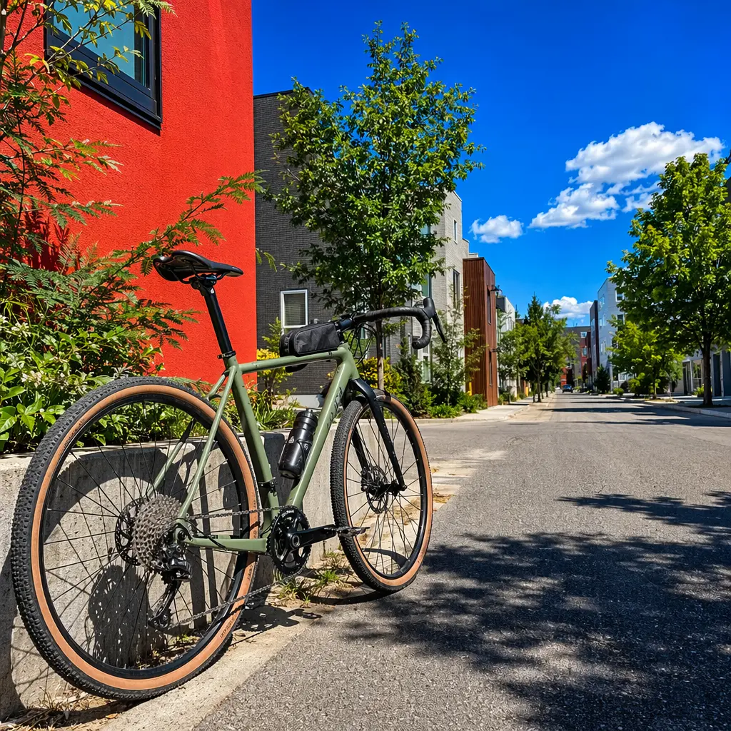 A gravel bike on a sunlit UK street with a bright blue sky