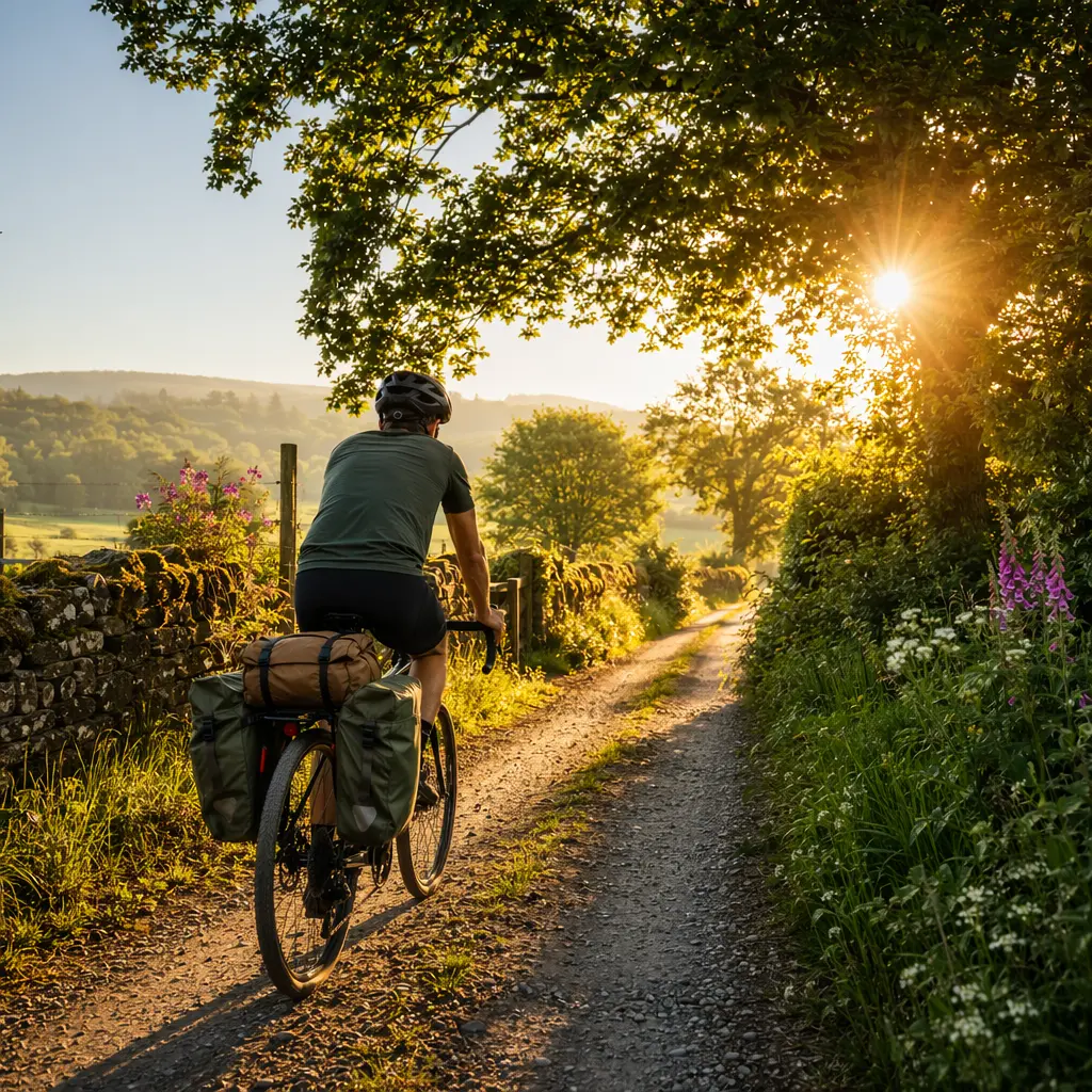 A gravel bike carrying panniers on a sunny country lane