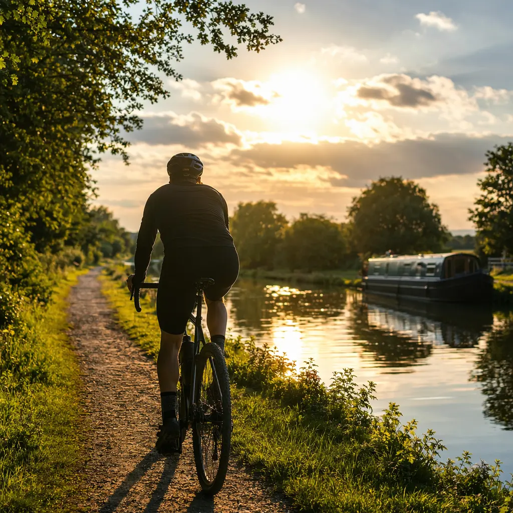 A gravel bike ridden along a canal towpath in warm golden-hour light