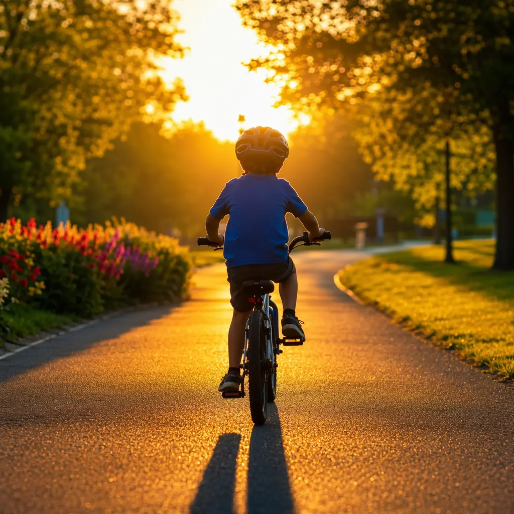 Child riding a bike confidently along a sunlit park path at golden hour