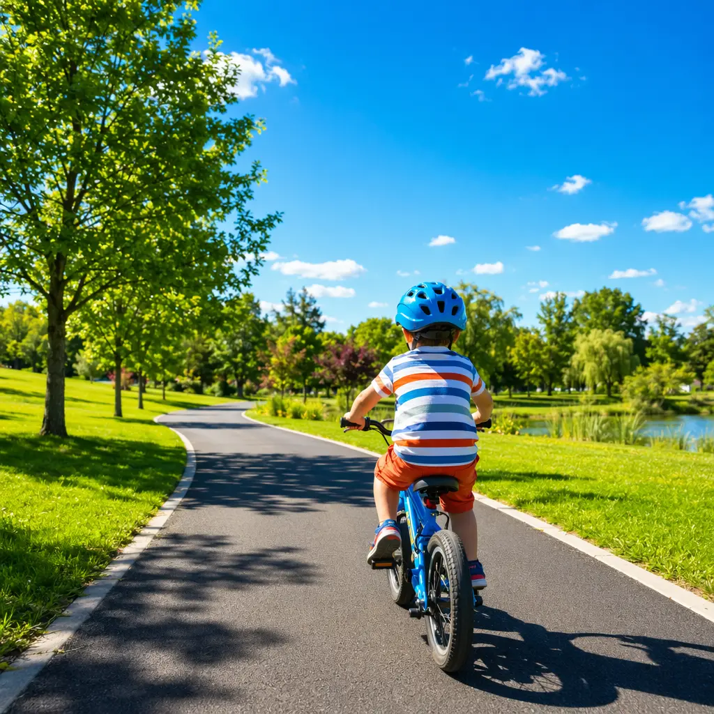 Child riding a kids’ bike on a sunny park path, viewed from behind