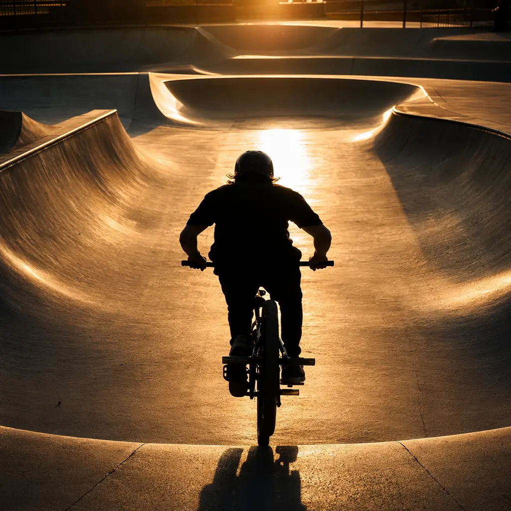 Silhouette of a BMX rider entering a skatepark bowl at golden hour