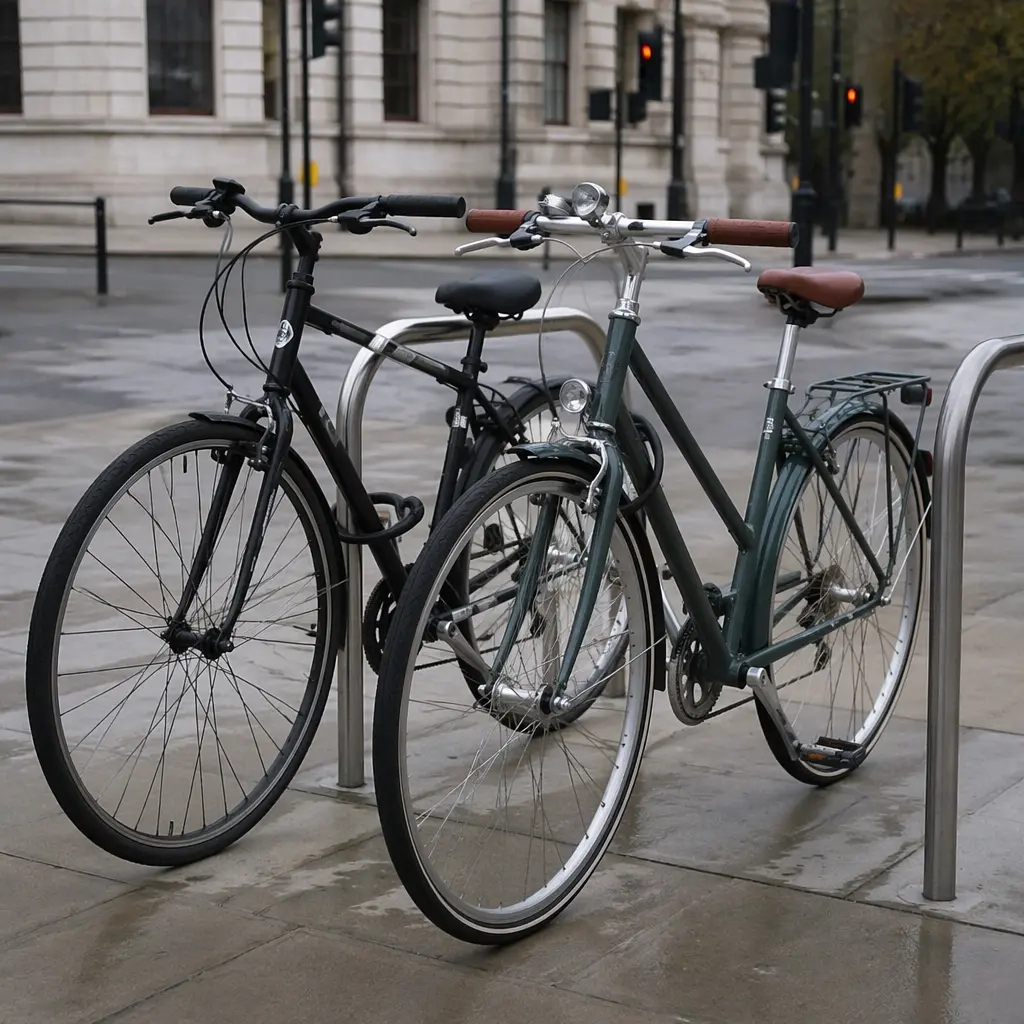 Two commuter bikes at a city bike rack showing budget and mid-range styles
