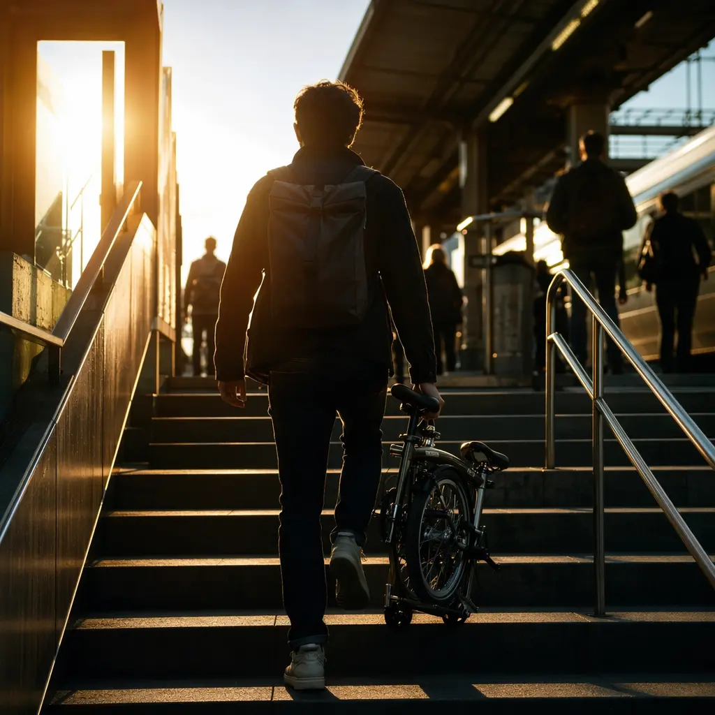 A folded bike being carried up steps at a railway station in warm evening light