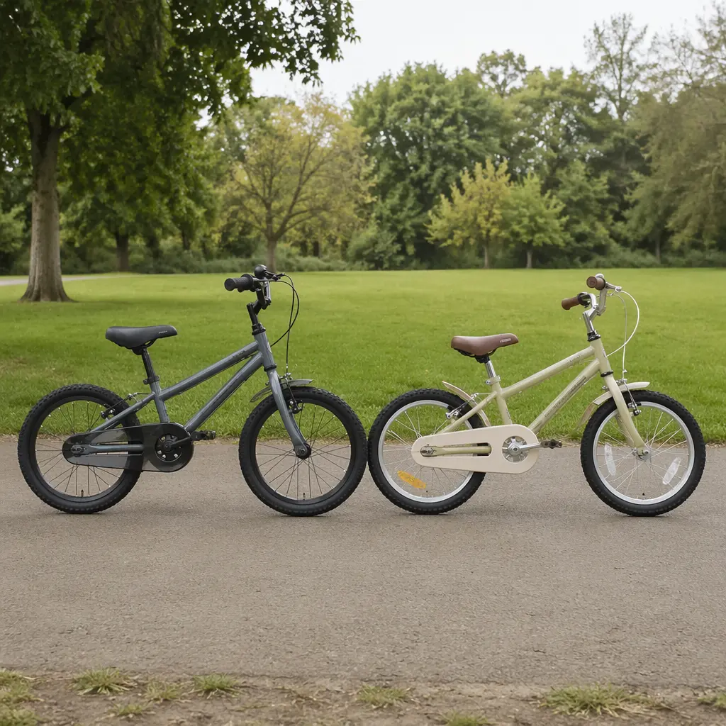Two children's bikes parked side by side in a park, showing differences in build quality