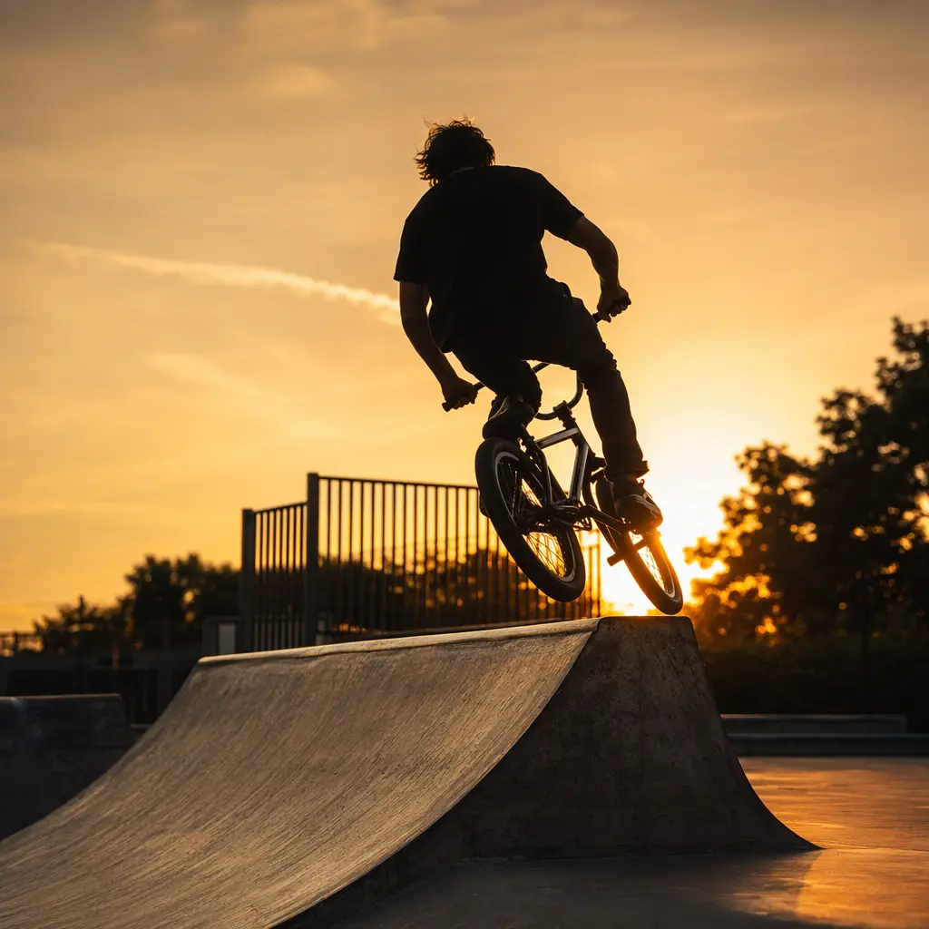 Silhouette of a BMX rider at a sunlit skatepark during golden hour