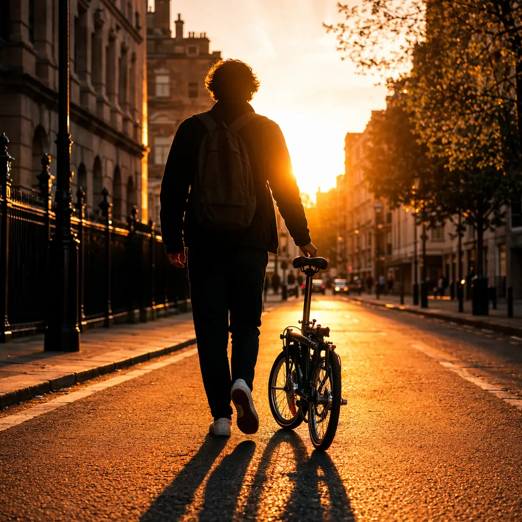 Silhouette of a rider rolling a folding bike along a bright urban street at golden hour