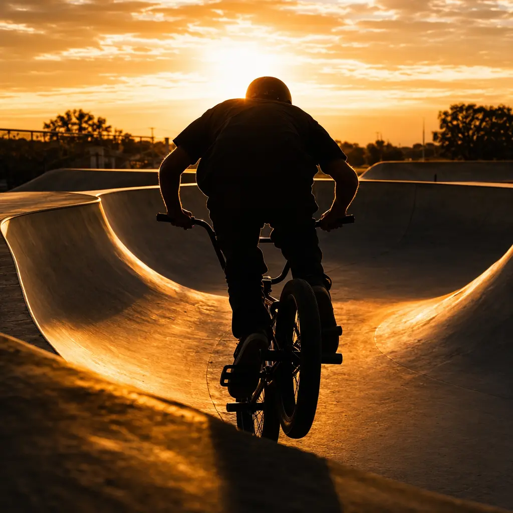 Silhouetted BMX rider rolling into a skatepark bowl at golden hour