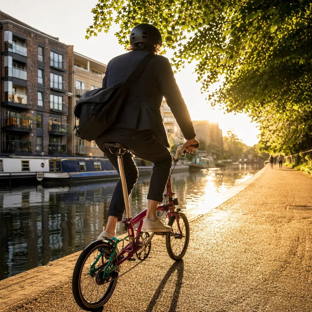 A folding bike being ridden along a canal towpath in warm evening light