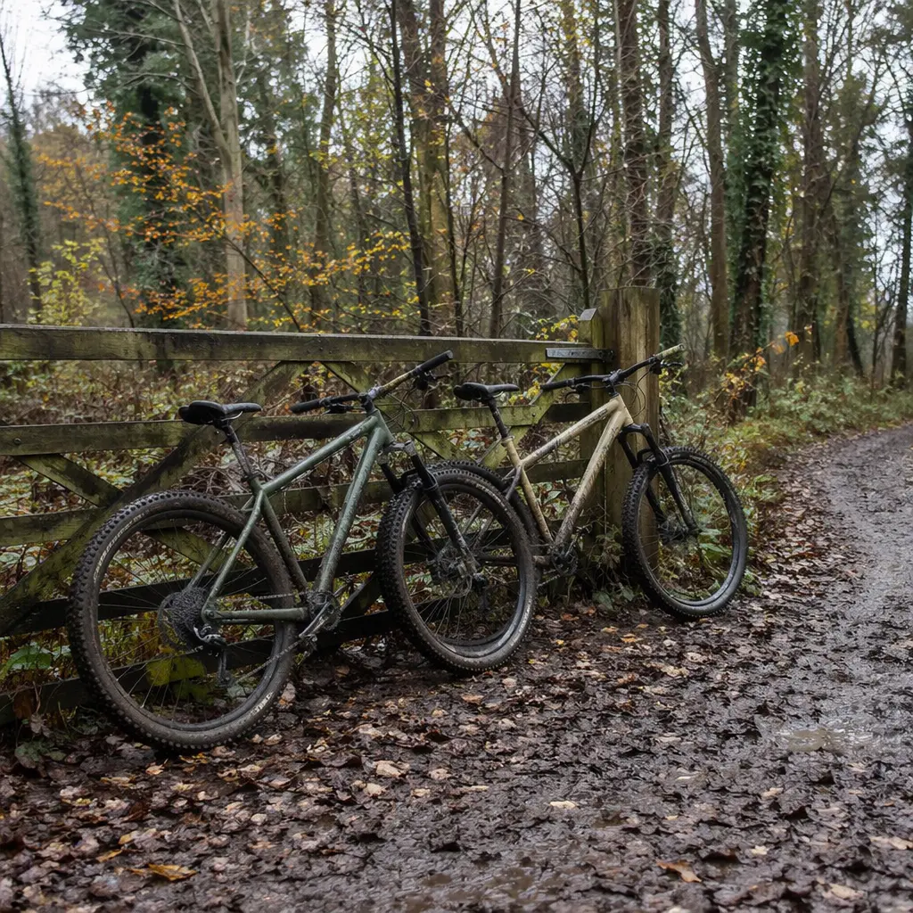 Two budget hardtail mountain bikes on a muddy woodland trail in the UK