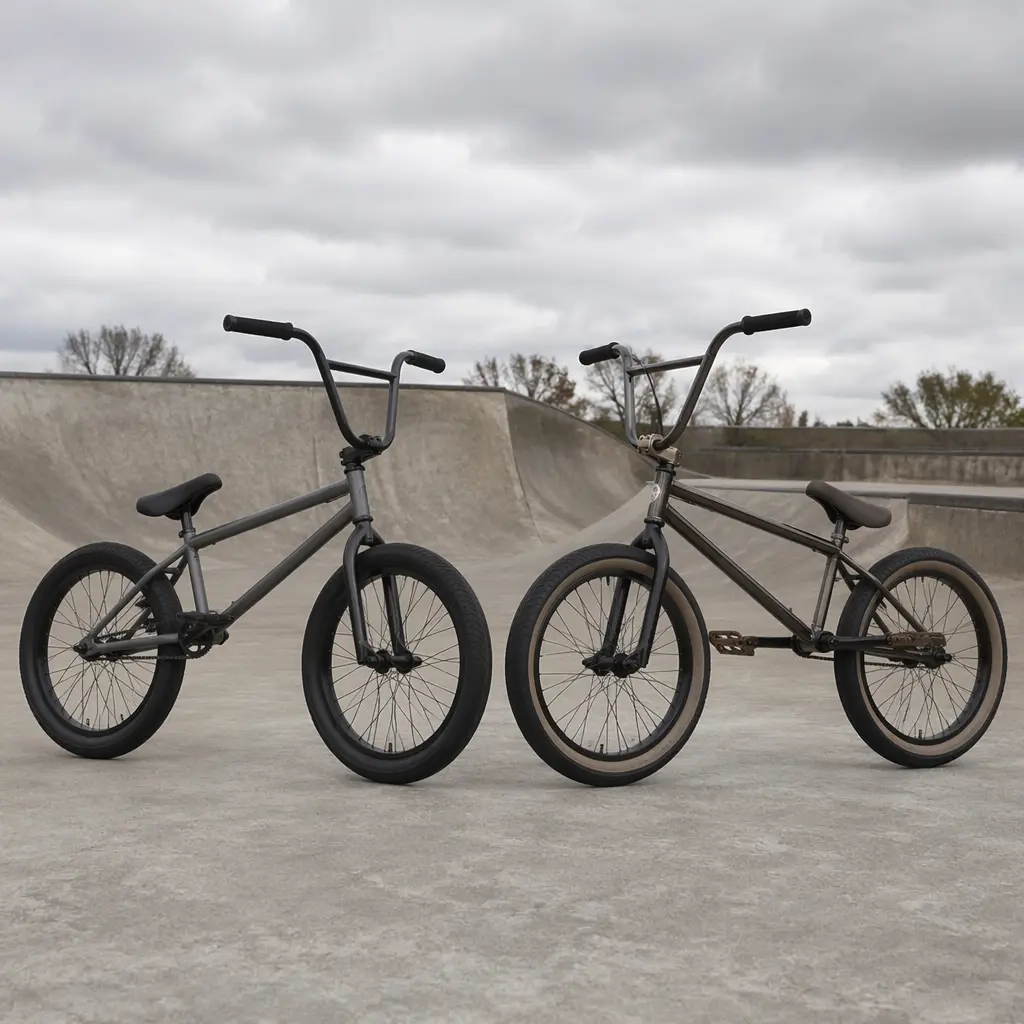 Two BMX bikes at a concrete skate park showing entry-level and mid-range builds