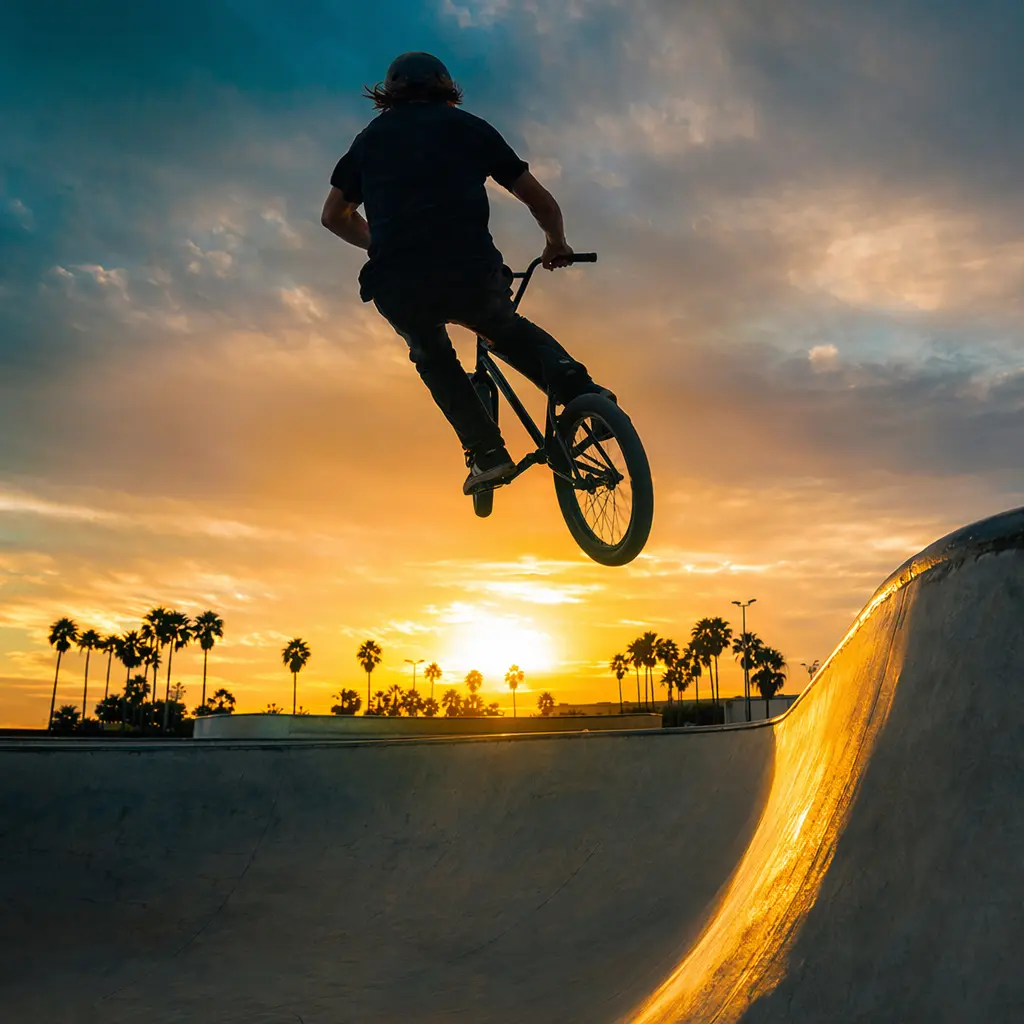Silhouette of a BMX rider jumping in a skatepark at golden hour