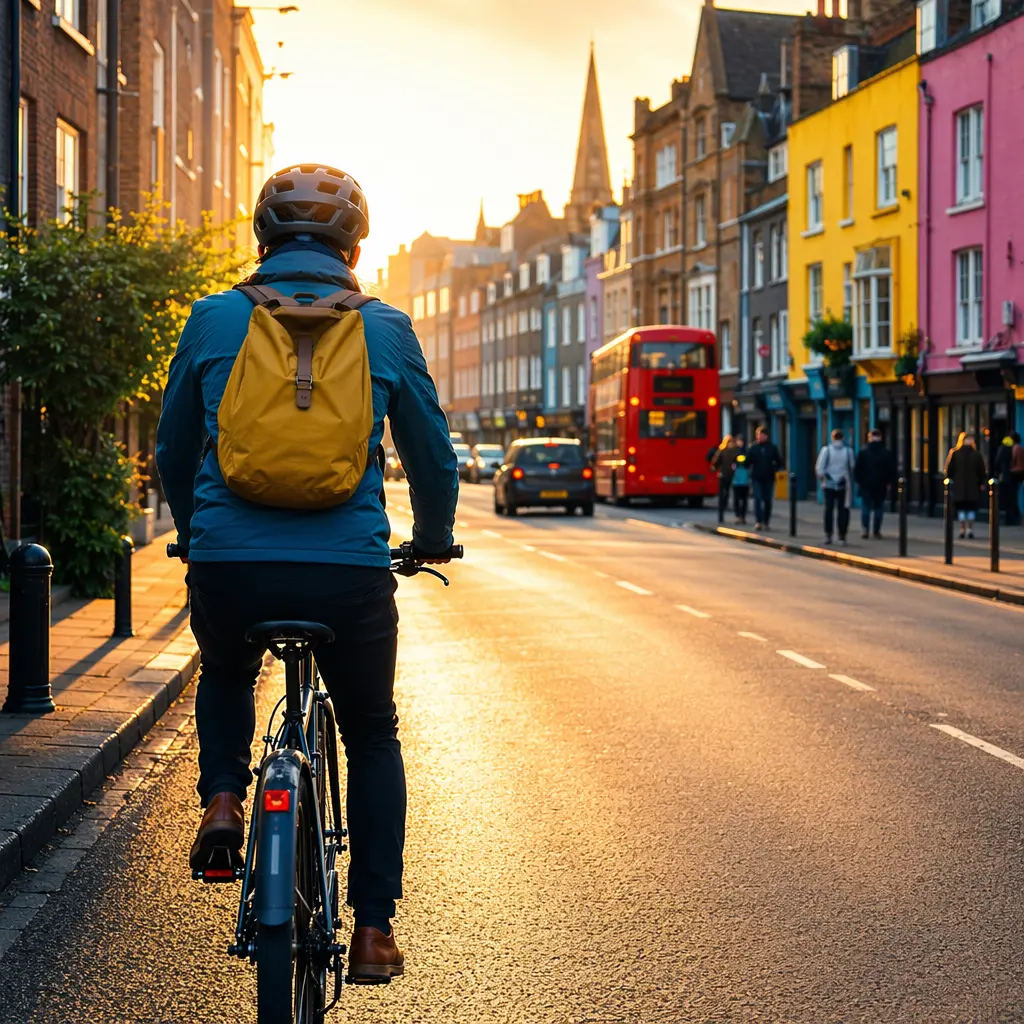 A commuter cyclist riding through a sunlit city street, viewed from behind