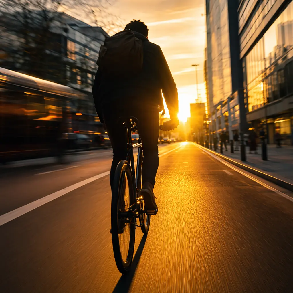Silhouette of a cyclist commuting through a bright city street at golden hour