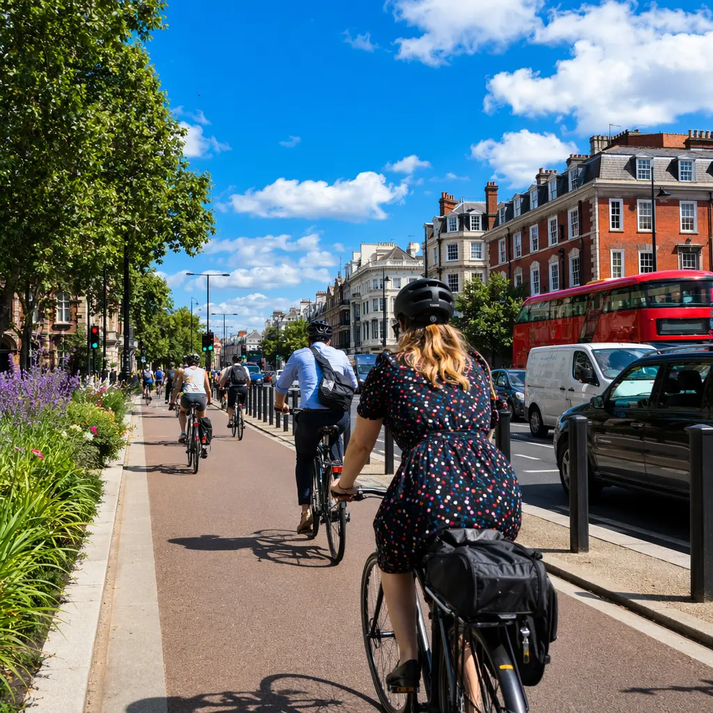 Commuter cyclists using a city cycle lane under a bright blue summer sky