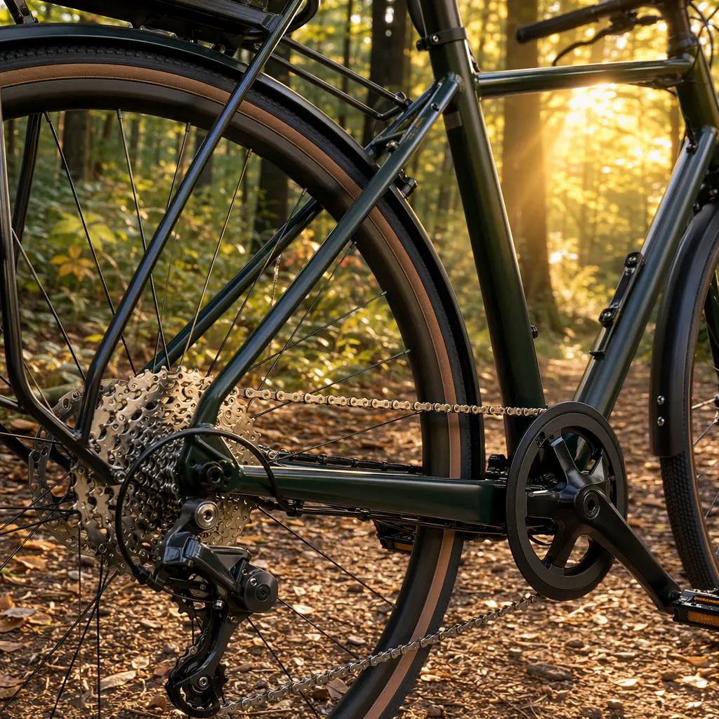 Close-up of a commuter bike drivetrain and rear wheel in warm morning light