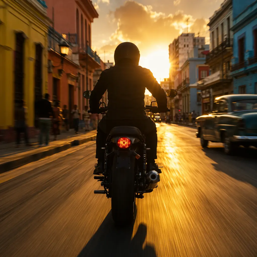 Silhouetted commuter cyclist riding through a sunlit city street at golden hour