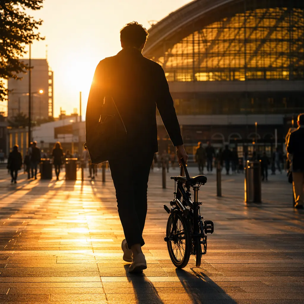 Commuter wheeling a folded bike through a bright, sunlit station area