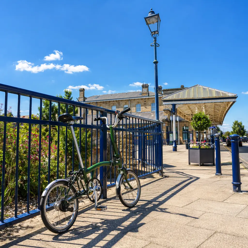 Folding bike resting outside a sunlit UK train station