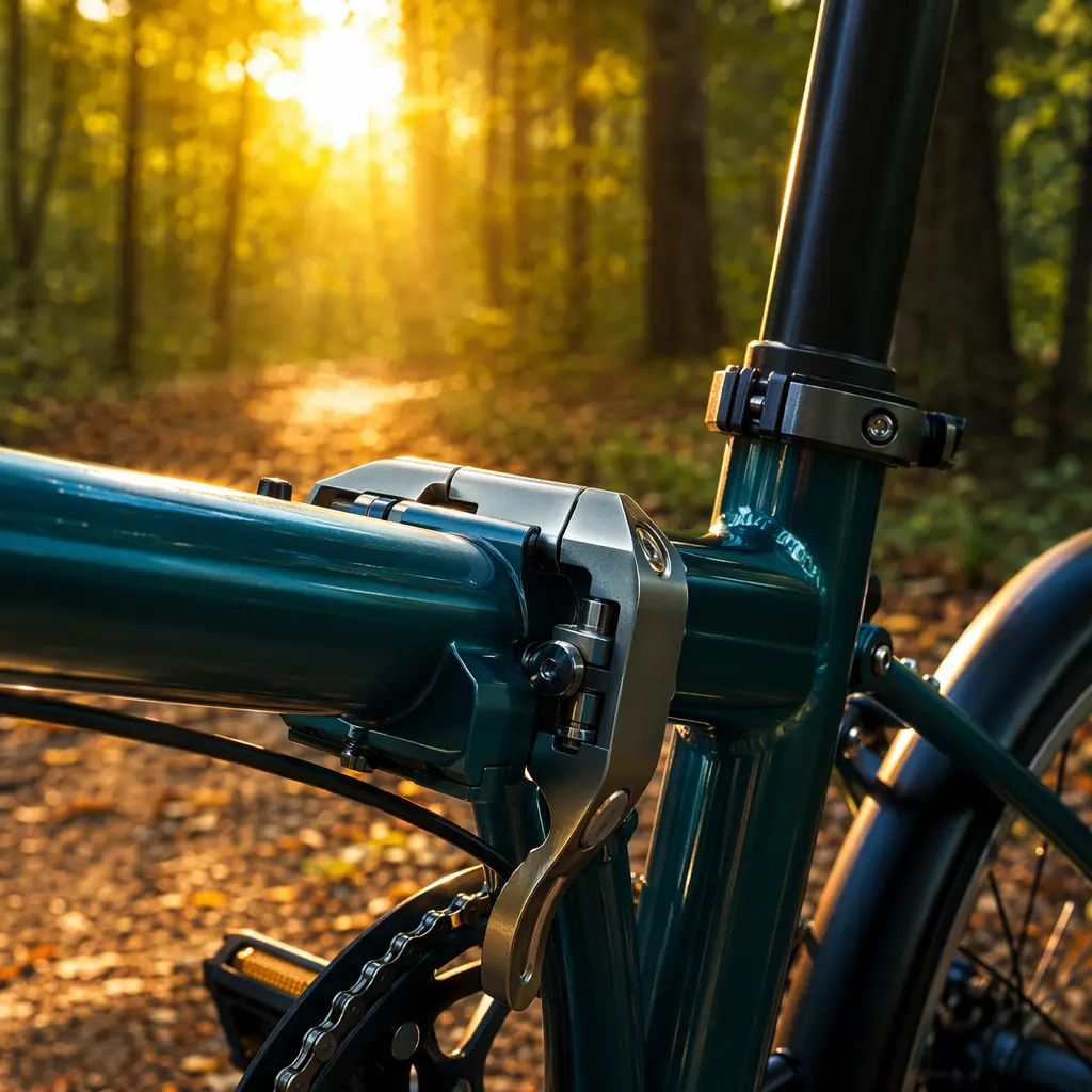 Close-up of a folding bike hinge in warm sunlight