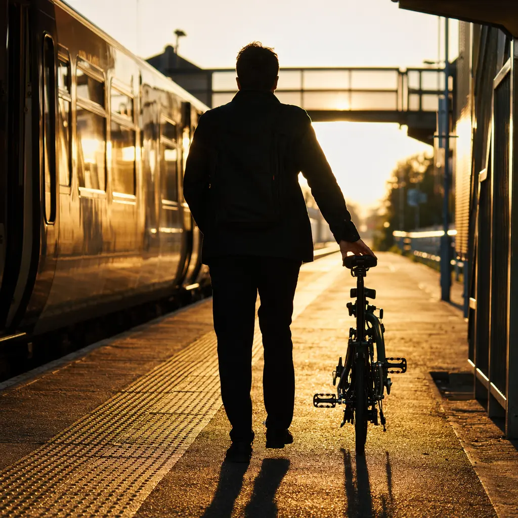 Silhouette of a cyclist pushing a folded bike along a bright train platform at sunset