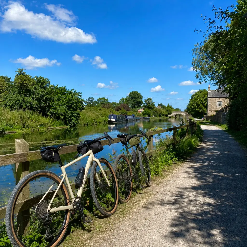 Gravel bikes resting beside a sunny canal towpath under a blue sky