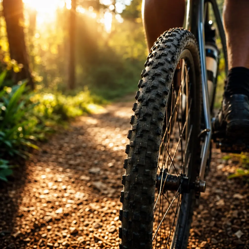 Close-up of a gravel bike tyre on a woodland dirt path in warm sunlight