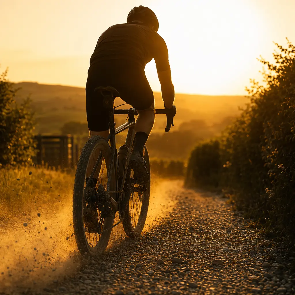 Rider on a gravel bike heading away along a sunlit gravel track at golden hour