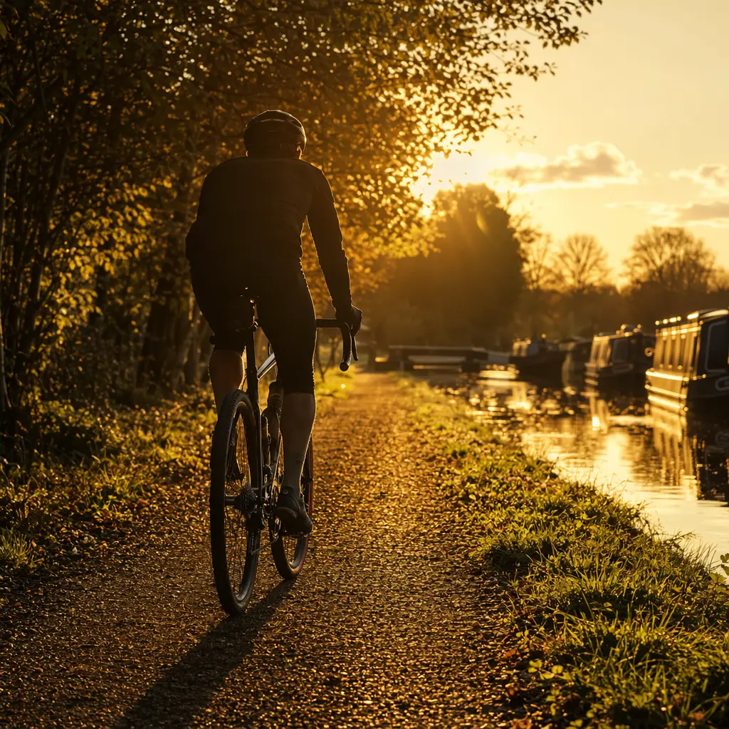 Gravel bike rider silhouetted from behind on a bright canal towpath at golden hour