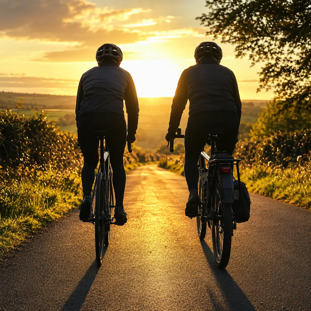 Two cyclists riding side by side at sunset, comparing different styles of bikes on a UK cycle path.