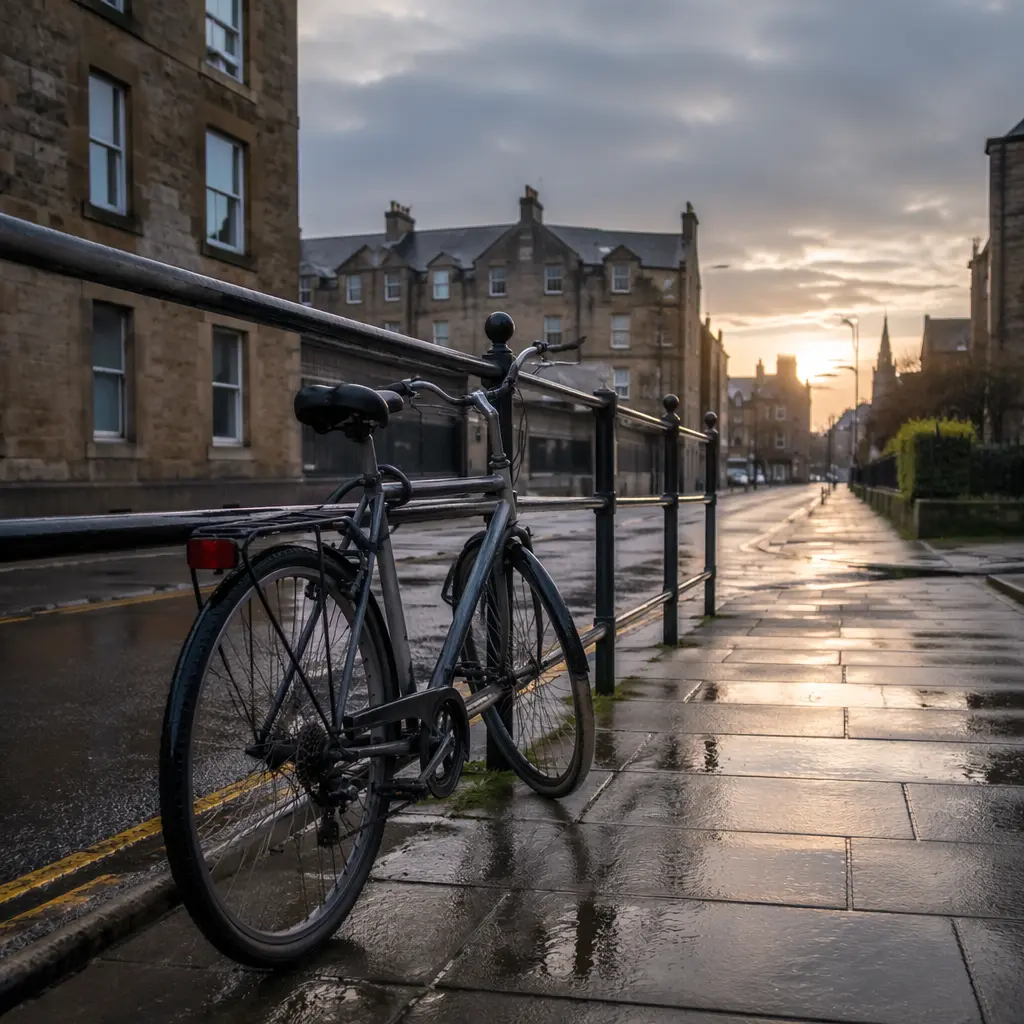A commuter bike parked on a quiet UK city street in the morning
