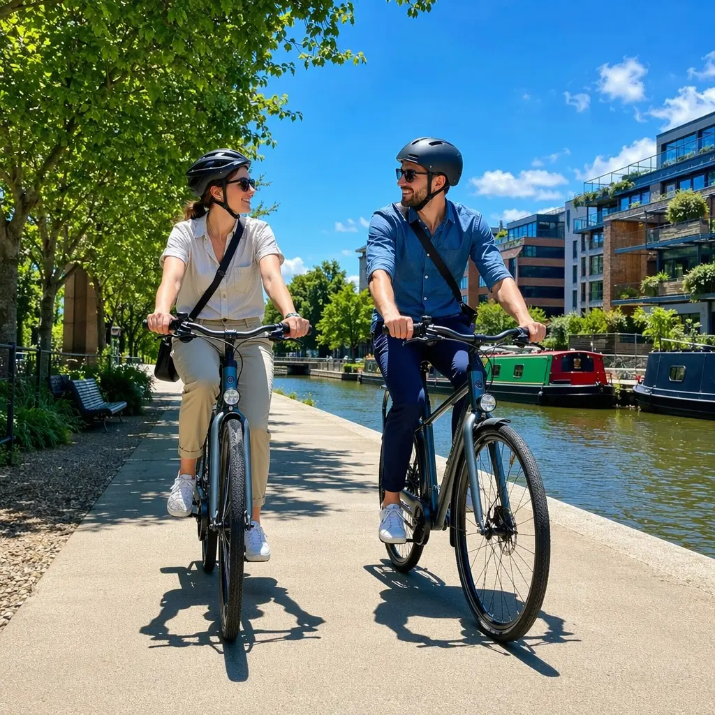 Two commuter bikes being ridden along a sunny canal towpath