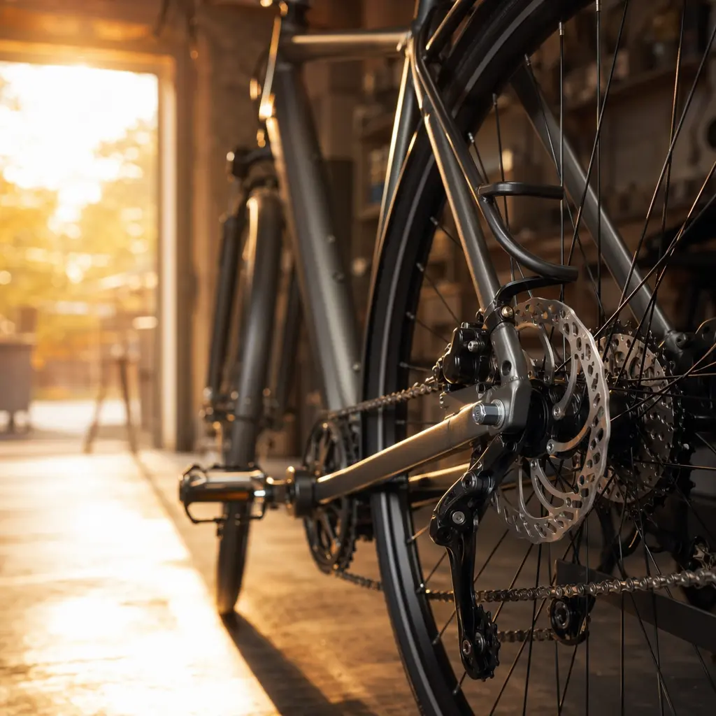 Close-up of a commuter bike drivetrain and disc brake in warm morning light