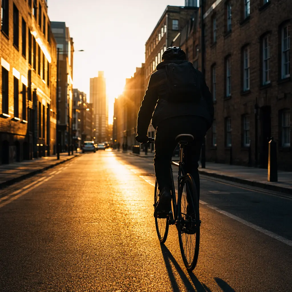 A commuter cyclist riding through a city street at golden hour, seen from behind