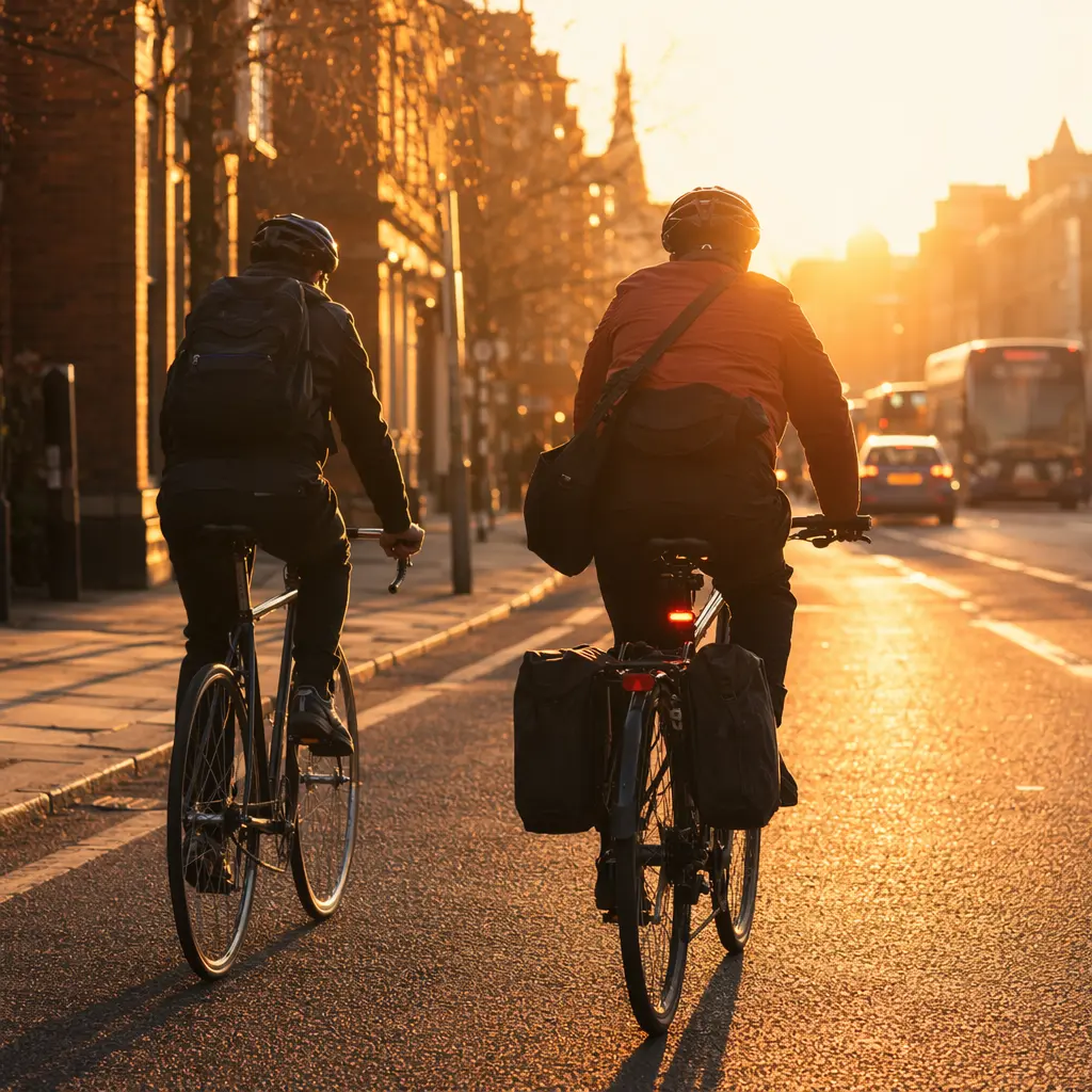 Two cyclists commuting through a city street at golden hour, seen from behind