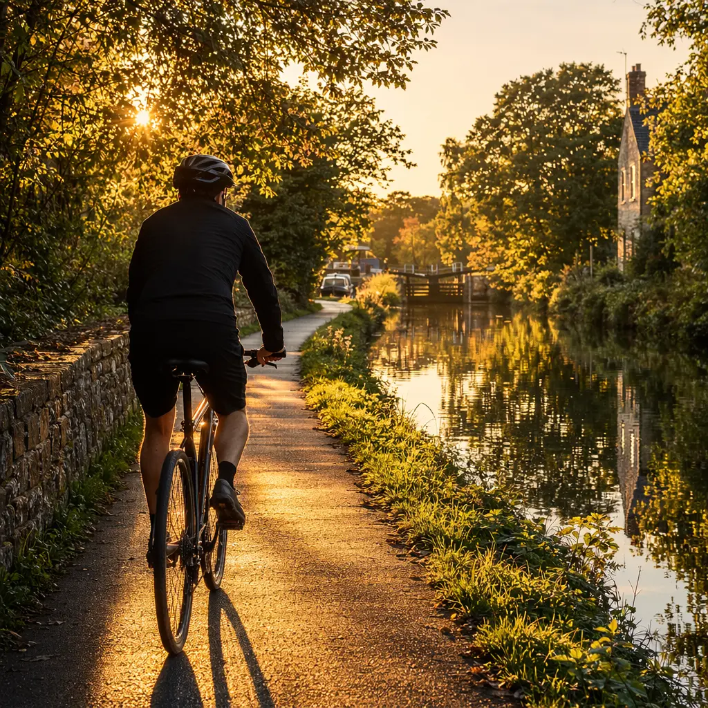 A hybrid bike being ridden along a canal towpath in warm evening light