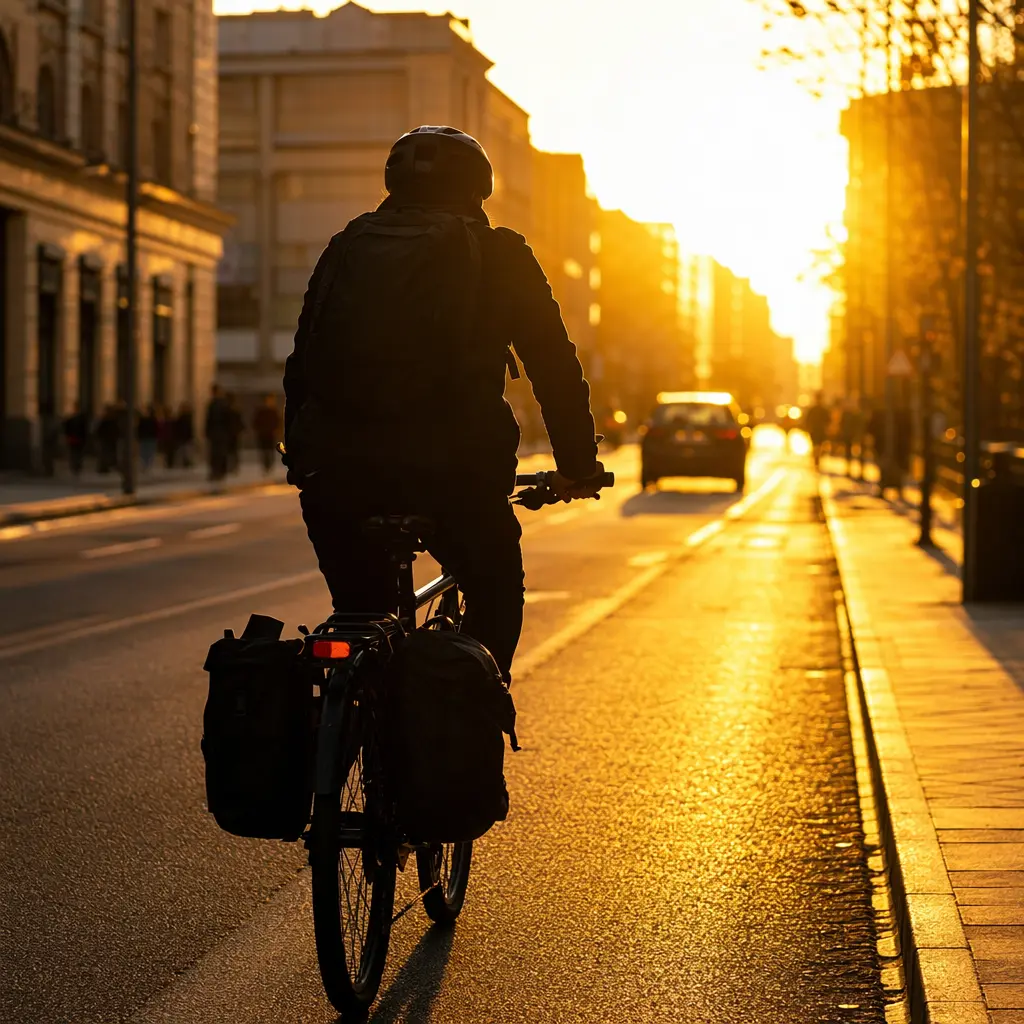 Silhouette of a commuter cyclist riding through a city street at golden hour