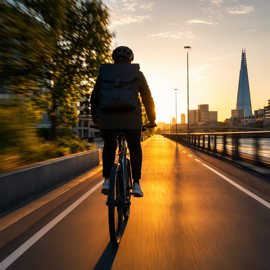 Silhouetted commuter cycling through a city at golden hour