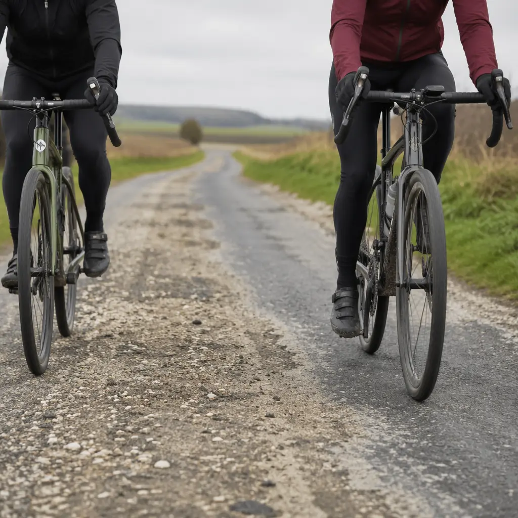 Two gravel bikes on a UK country lane showing mixed gravel and tarmac terrain
