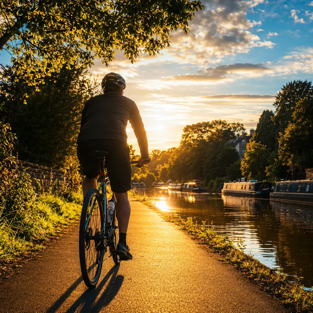 Hybrid bike rider silhouetted from behind on a bright canal towpath at golden hour