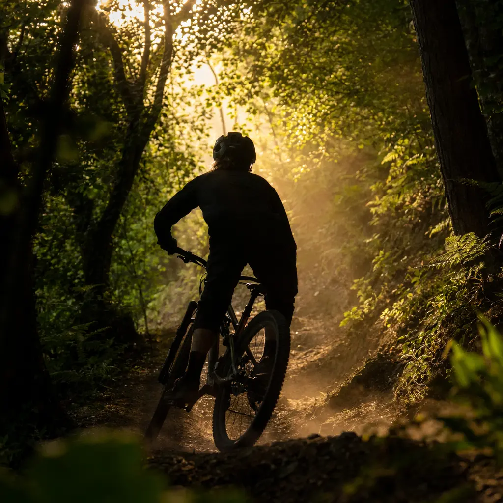 Silhouette of a rider on a hardtail mountain bike riding a forest trail in warm morning light