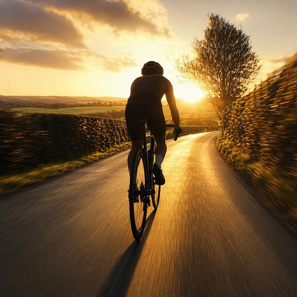 Silhouette of a cyclist riding a road bike on a sunlit country lane at golden hour