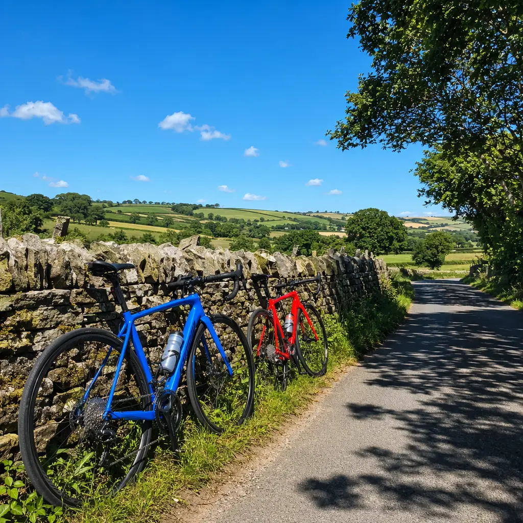 Two road bikes parked on a sunny country lane under a blue sky