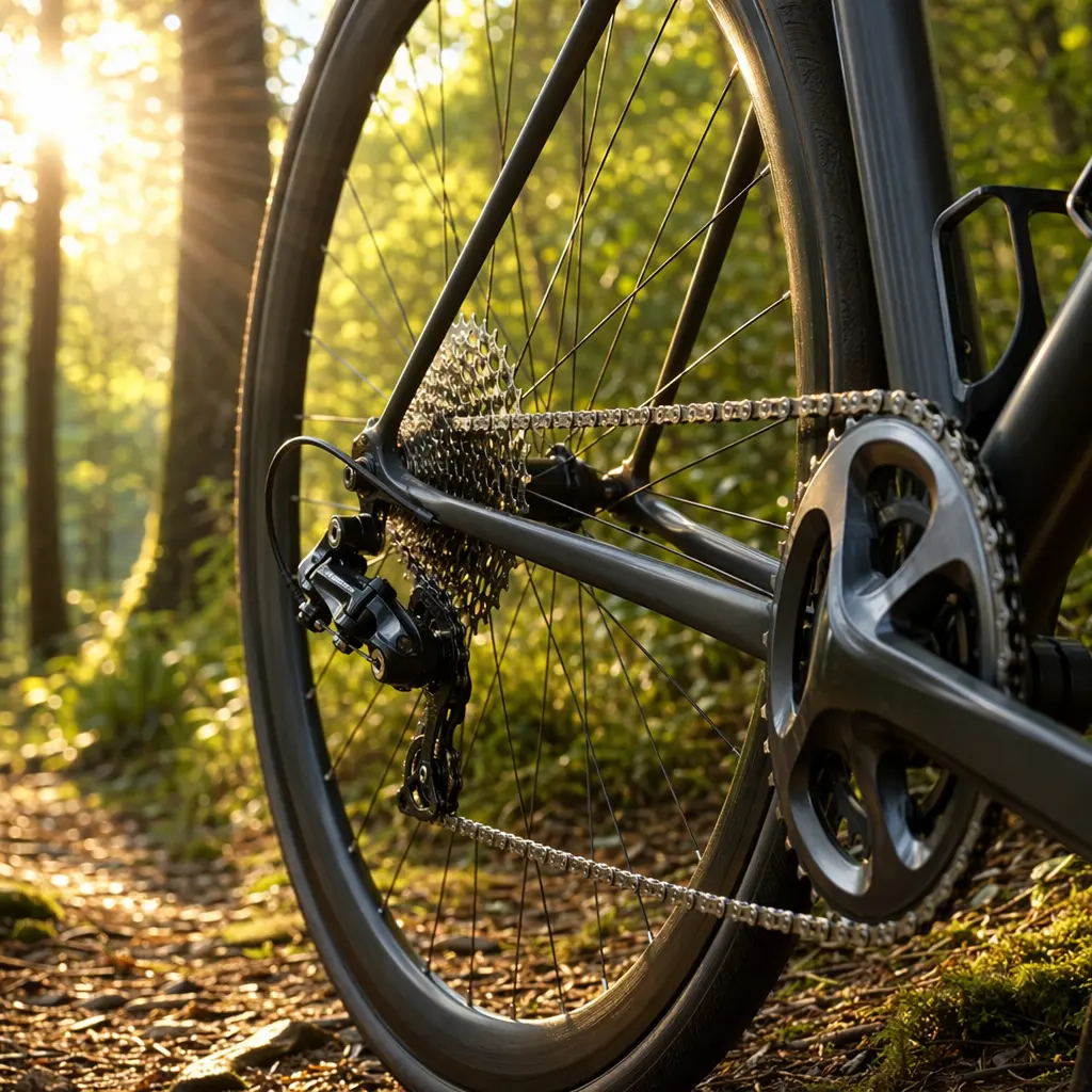 Close-up of a road bike drivetrain in warm morning sunlight
