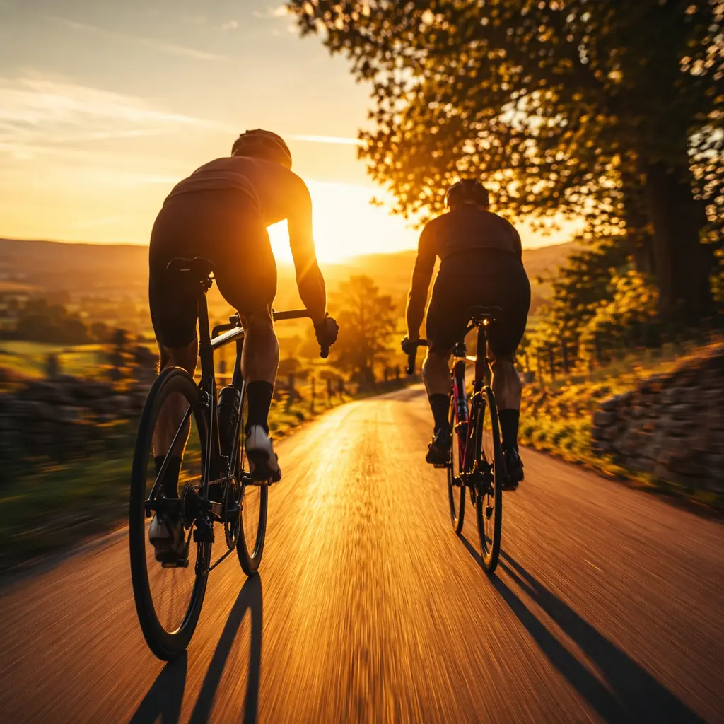 Two road cyclists riding fast on a sunny country lane, silhouetted from behind