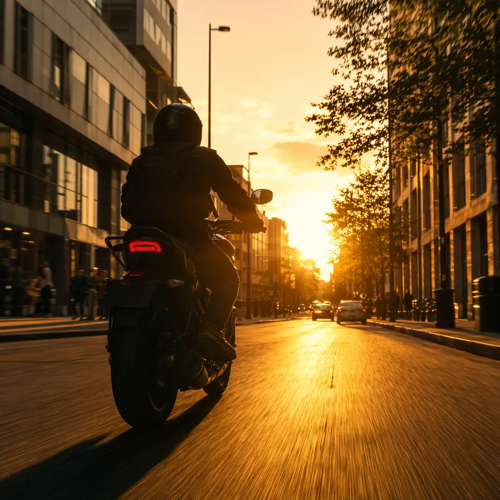 Silhouette of a commuter cyclist riding through a sunlit city street at golden hour