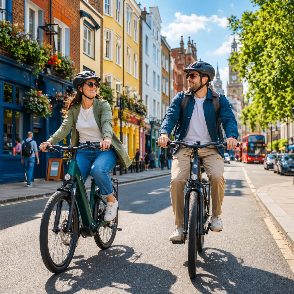 Two electric bikes riding side by side on a sunny city street