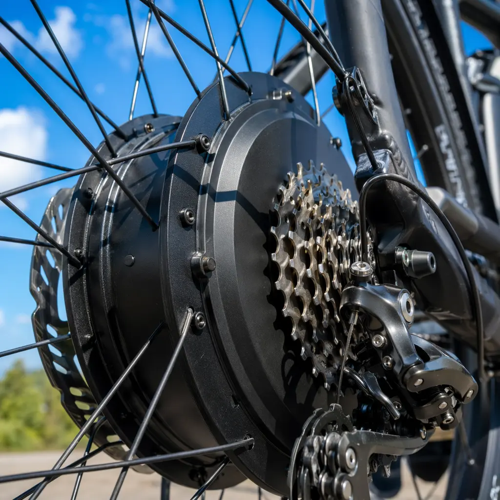 Close-up of a rear hub motor on an electric bike