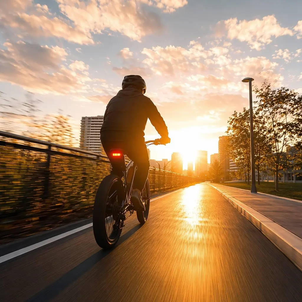 Rider silhouette accelerating on an electric bike at golden hour